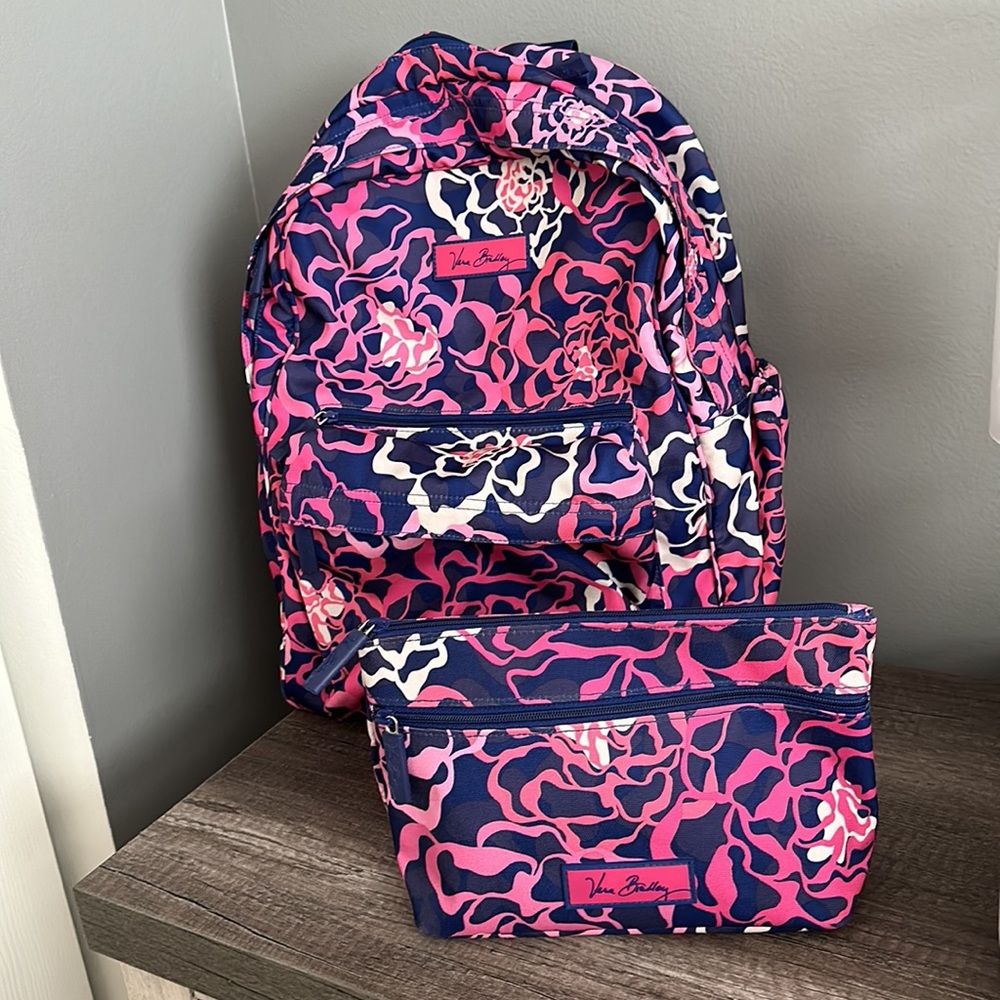 2pc Vera Bradley Katalina Pink Lighten Up Grande Backpack & Travel Cosmetic Bag